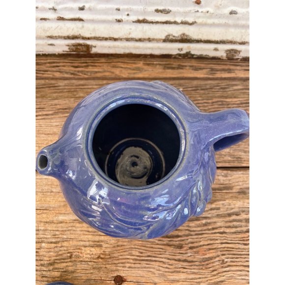 Antique 1930s Blue Glaze stoneware pottery Small Teapot Cherry Leaves - Picture 4 of 13